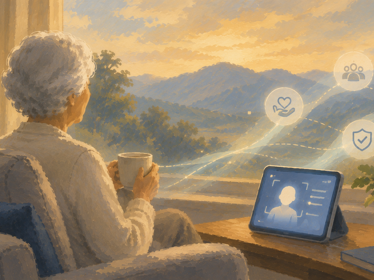 An elderly woman relaxing at home with a tablet-based AI companion, connected to a care network